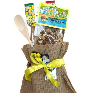 Confezione mestolo di legno, preparato per coniglio all’ischitana con pasta di gragnano spaghetto