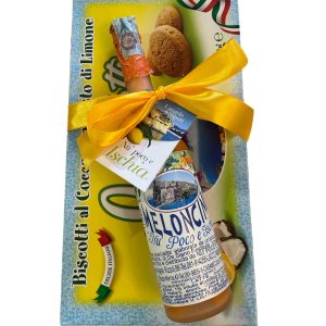 confezione regalo Ischia biscotti al cocco con gusto di limone e bottiglia di meloncino